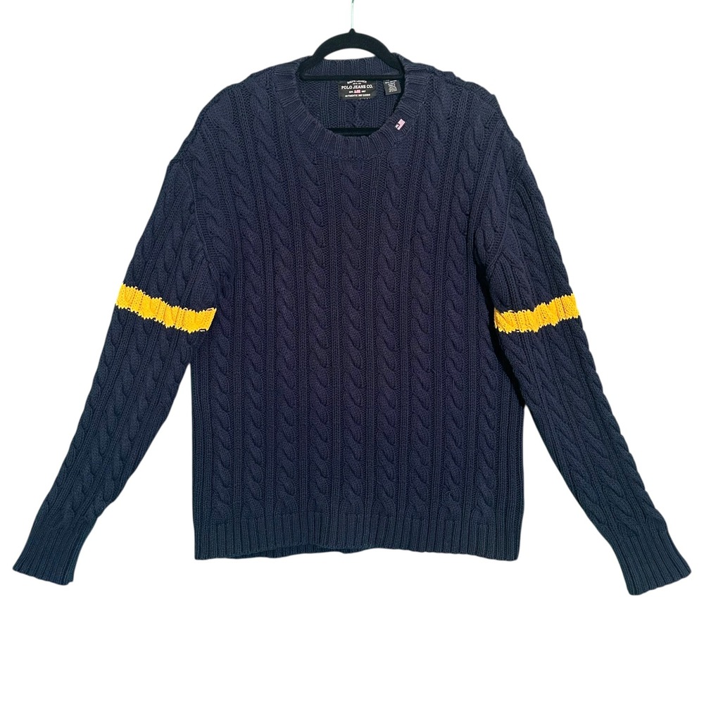 Polo Jeans Co Ralph Lauren Cable Knit Sweater Mens XL Navy Yellow Stripe Vintage